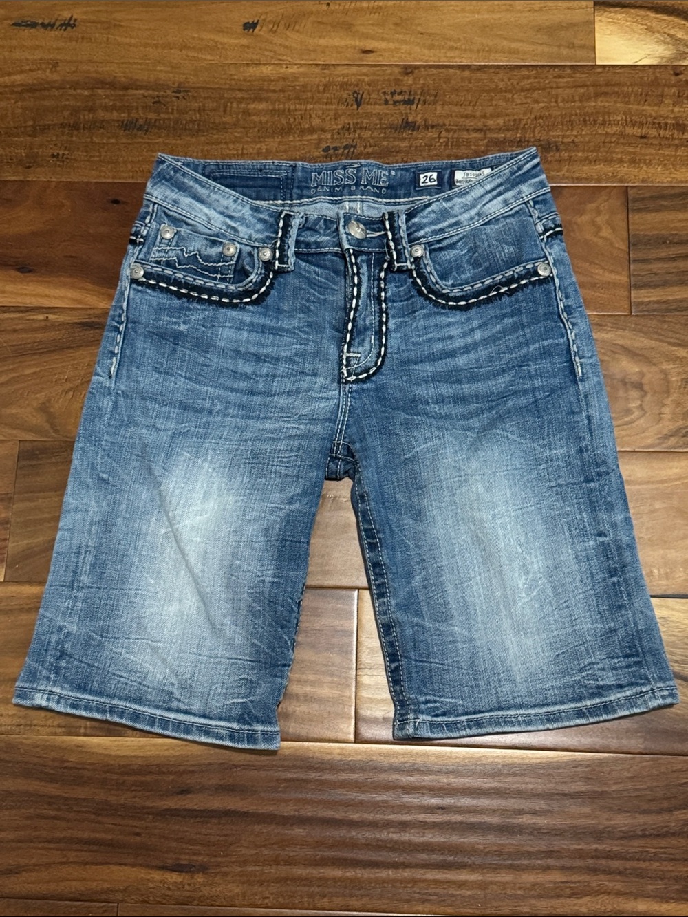 Miss Me Distressed Blue Denim Boyfriend Bermuda Shorts Size 26